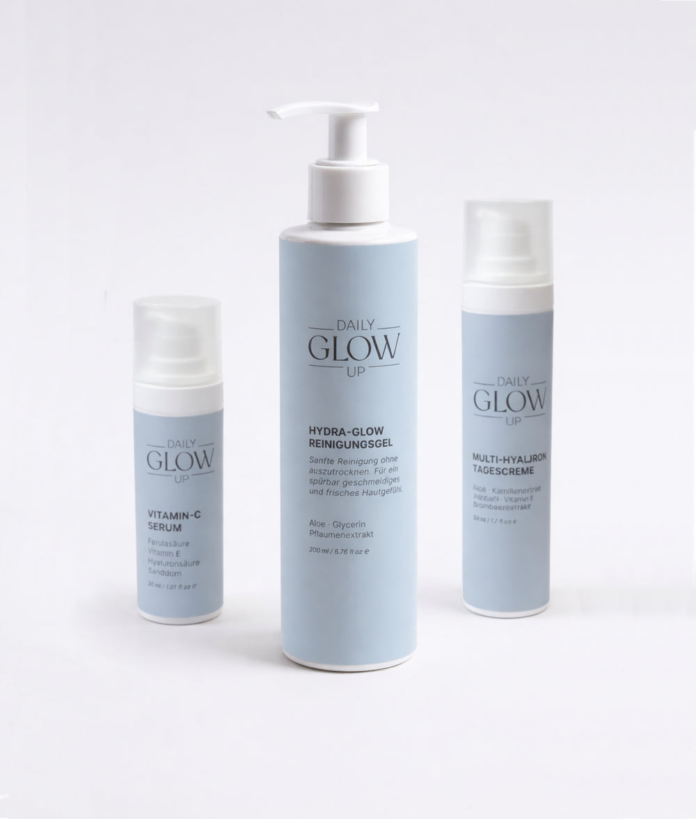 Daily Glow Up Daily Routine Set mit Reinigungsgel, Vitamin C Serum und Tagescreme.
