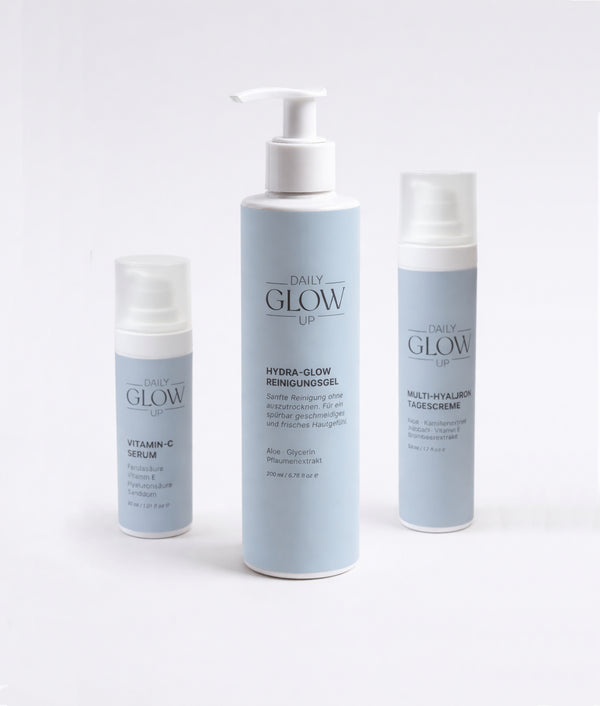 Daily Glow Up Daily Routine Set mit Reinigungsgel, Vitamin C Serum und Tagescreme.