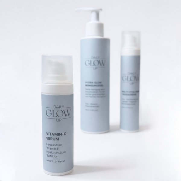 Daily Glow Up Daily Routine Set mit Reinigungsgel, Vitamin C Serum und Tagescreme.