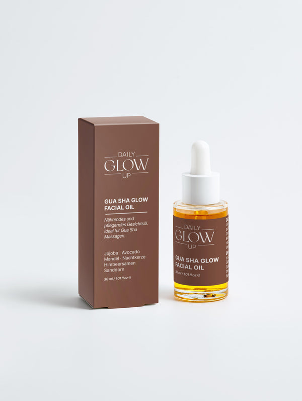 Daily Glow Up Gua Sha Glow Facial Oil mit hochwertiger Verpackung.