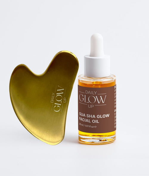 Daily Glow Up Gua Sha Ritual Set mit Facial Oil und Gua Sha Tool für eine entspannende Gesichtsmassage.