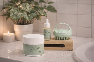 Daily Glow Up Kopfhaut & Haar Produkte in einer ruhigen Badezimmer-Pflegeszene.