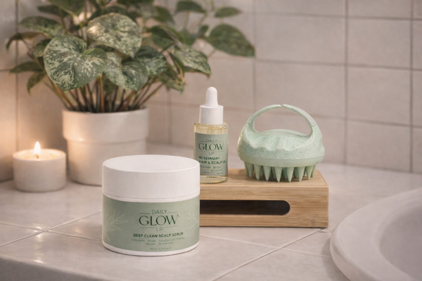 Daily Glow Up Kopfhaut & Haar Produkte in einer ruhigen Badezimmer-Pflegeszene.