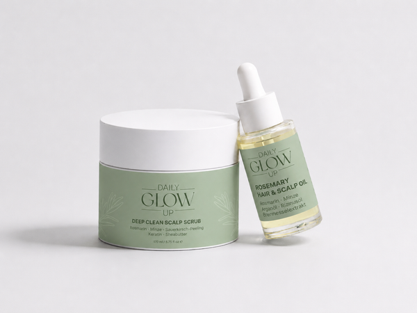 Daily Glow Up Kopfhaut & Haar Set mit Scalp Scrub und Rosemary Hair & Scalp Strengthening Oil.