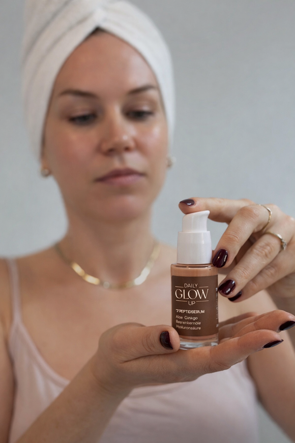 Frau präsentiert das Daily Glow Up Peptid Serum für die tägliche Gesichtspflege.