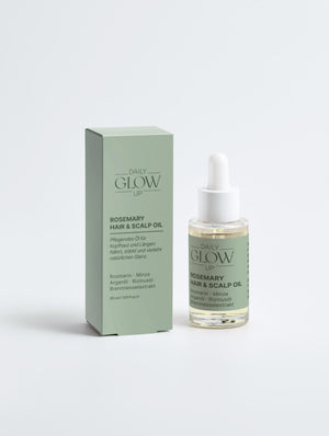 Daily Glow Up Rosemary Hair & Scalp Strengthening Oil für gepflegte Kopfhaut und kräftiger wirkendes Haar.