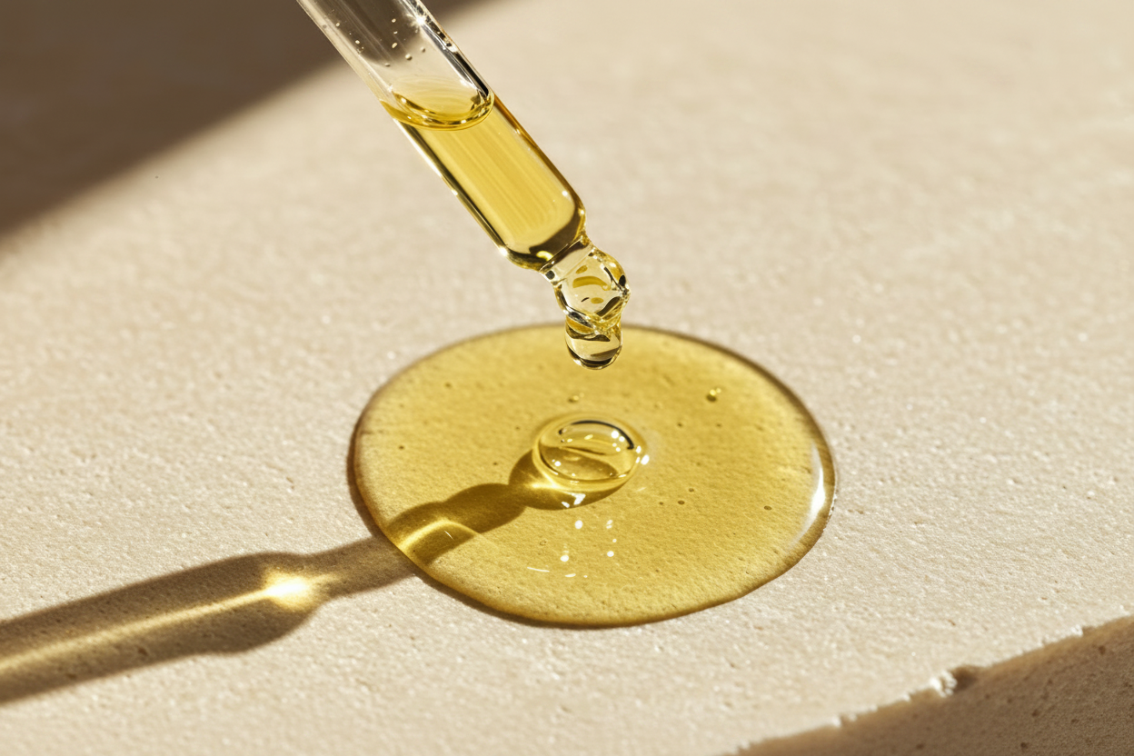 Goldene Serum-Textur mit Pipette als Wirkstoffbild für Vitamin C im Daily Glow Up Vitamin C Serum